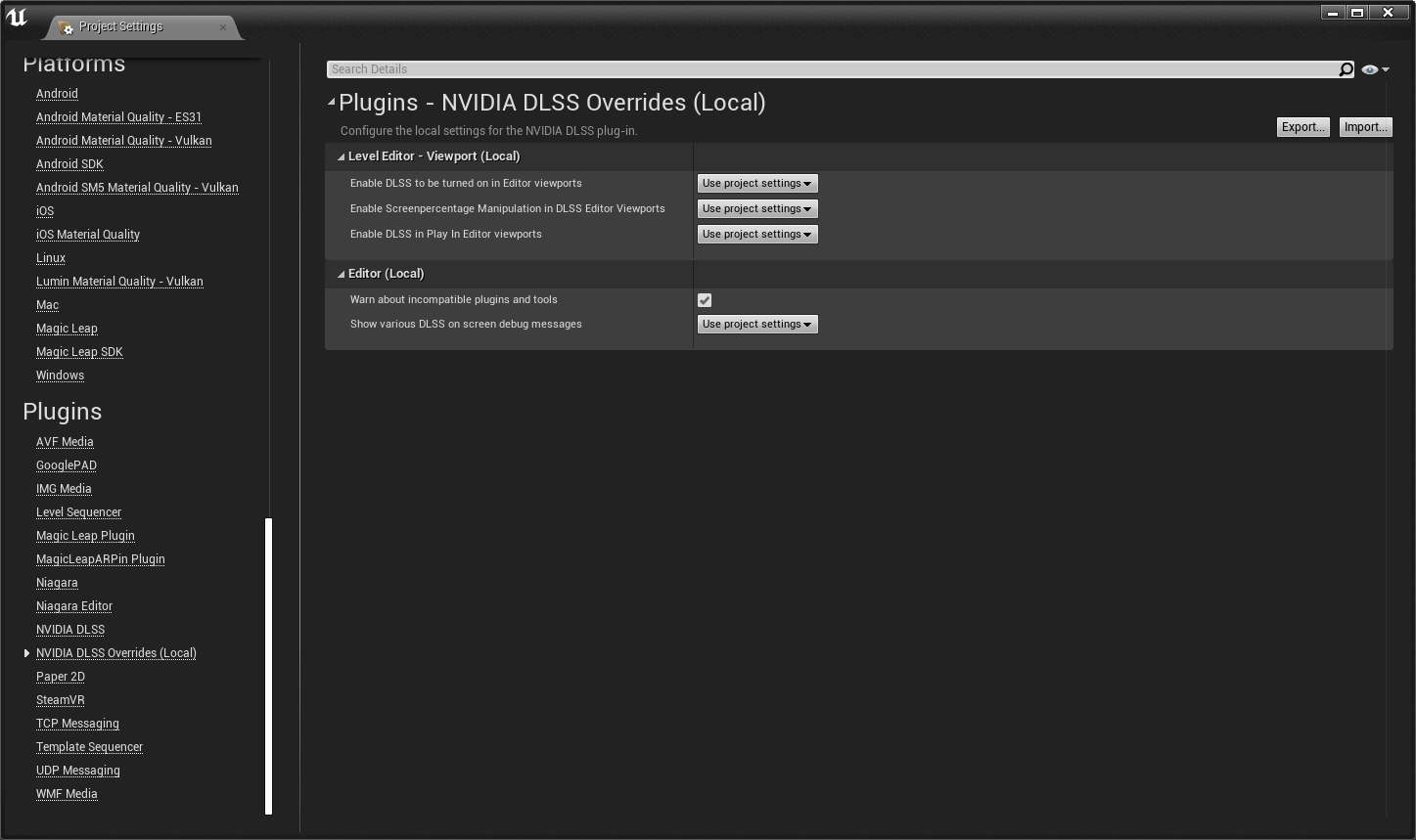 DLSS plugin local project settings