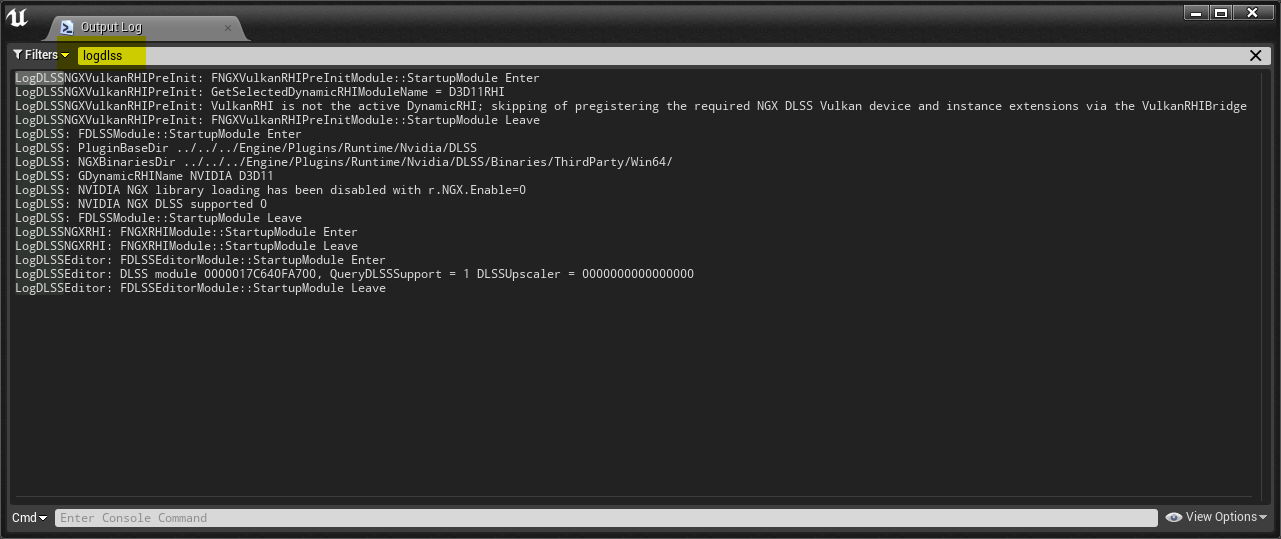 DLSS Editor Output log disabled