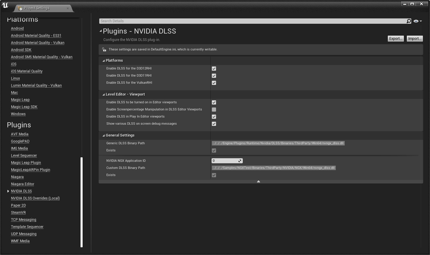 DLSS plugin project settings
